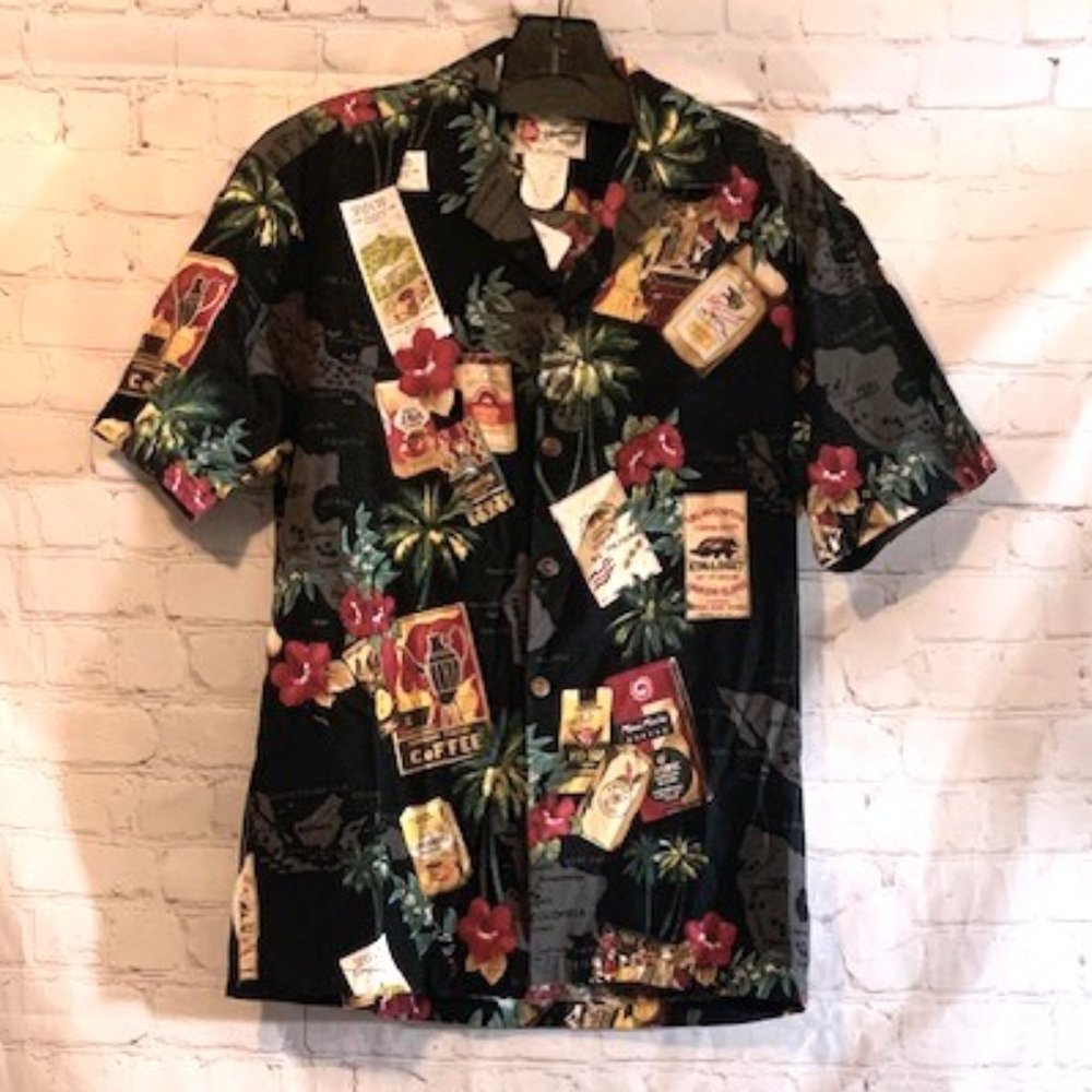 Hilo Hattie Black Kona Coffee Theme Hawaiian Shirt - Size Small EUC